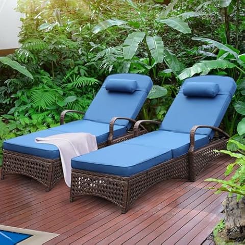 NOBLEMOOD Chaise Lounge Outdoor Wicker Lounge Chair with Wheels, Adjustable 6 Position Pool Reclining Chair with Thickened Cushion & Pillow (Blue, 2) Cover