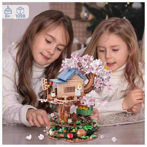 Image of SKY LINE OCEAN Cherry Blossom Treehouse Building Set with LED Light, 1098+ PCS Japanese Izakaya Shop Mini Blocks, Sakura Bonsai Architecture Model Kit for Ages 14+ | 5 Year Structural Warranty