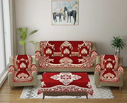 Image of Sofa Seater Slip Covers with Arm and Cushion and Table Cover - 3+2 Seater Velvet Sofa Cover Set for Single Sofa Couch - 5 Seater Sofa Seat Protector Slip and Back Covers, 2701 Maroon