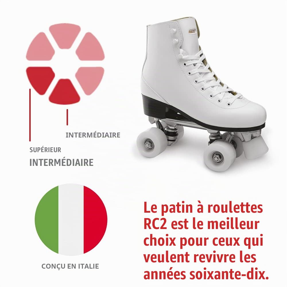 Roces RC2 Classic Roller Patins à Roulettes, Pour Femmes et Homme, Quad Skates Adulte, Blanc