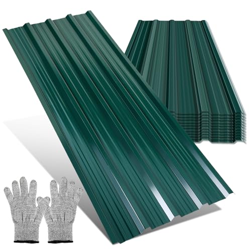Jaxguom Set de 24 plaques trapézoïdales, plaques de toit 129 cm x 46 cm, 7 m², plaques de tôle ondulée pour toit, carports, chenils, avec gants résistants aux...