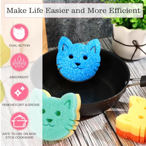 Image of FillTouch 3 Pcs Dual Sided Scrub Sponge Multi Functional Cute Temperature Sensitive Non Scratch Dish Sponge for Washing Dishes Kitchen Bathroom (Cat,Green, Orange, Blue)