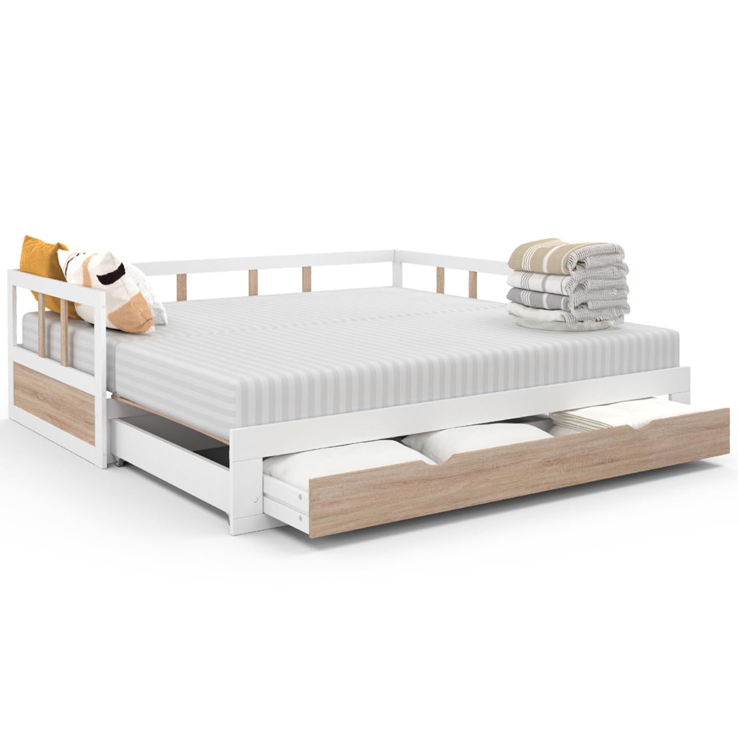 IDMarket - Lit Banquette 90 x 190 cm Zoya Convertible 180 x 190 cm Blanc et hêtre avec 1 tiroir de Rangement