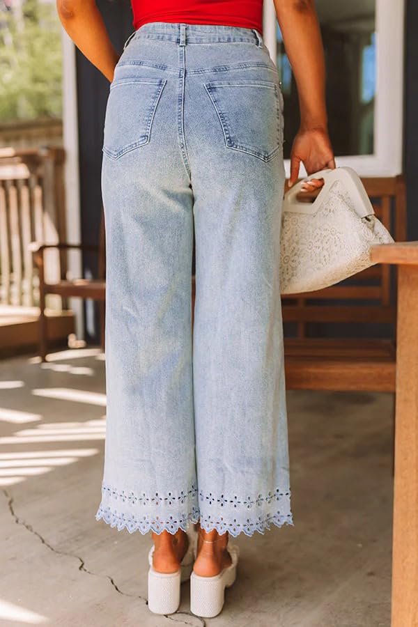 SCOFEEL Women's High Waist Jeans Straight Wide Leg Denim Pants Boho Eyelet Hem Distressed Washed Jeans with Pockets2