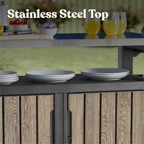 Image of Keter Unity XL Outdoor Entertainment Cart with Wood‑Look Finish, 78‑Gallon Patio Storage Cabinet, Food Prep Station, Stainless‑Steel Top for BBQ, Grill, Patio, Deck & Backyard, Ashwood
