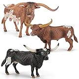 THINKBAY 3PCS 6' Large Farm Texas Longhorn Bull Cow Toys for Toddlers, Solid Farm Animals Toys for Kids, Realistic Plastic Cow Bull Figurines Cake Toppers Birthday Gift Party Favors for Kids