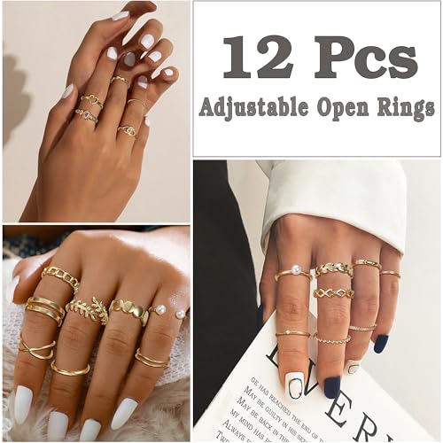 IRONBOX 12 Pcs Adjustable Knuckle Rings for Women 14K Gold Plated Stacking Rings Pack Wave Star Moon Dainty Thumb Open Rings Set3