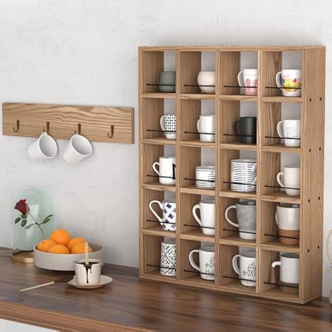 Wooden Coffee Mug Display Rack, Wall Mounted Coffee Cup Display Shelf, Hold 24 Mugs, Rustic Shot Glass Display Case, Coffee Mug Holder Organizer for Kitchen, Coffee Station (23.6 * 29.5in)