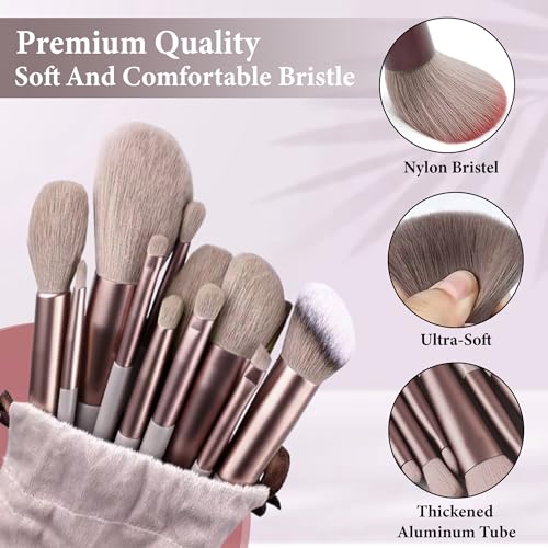 Image of GLUN Professional Makeup Brushes 13 Piece Set Brown Colour, Travel Makeup Brushes with Cloth Bag for Makeup Artists, Foundation, Powder, Concealer, Eyeshadow, Blush, Highlighter, Eyebrow, Brushes