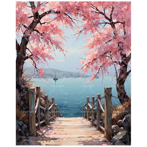 Nature Landscape Paint by Numbers Kit for Adults - DIY Cherry Blossom Path by The Sea Painting on Canvas 16x20 Inches, Acrylic Paint Set, Suitable for Beginners, Art for Home Decoration or Gifts