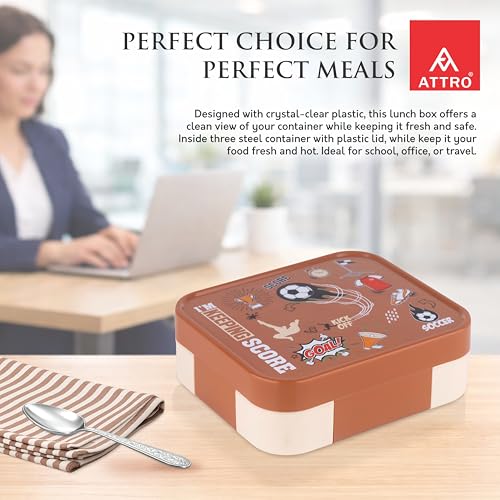 Image of ATTRO Admire Deluxe 3 Compartment Stainless Steel Lunch Box, BPA-Free Inner Steel, Lightweight & Durable, Easy Carry Tiffin for Kids,School & Travel-Soccer Print Brown-800ml