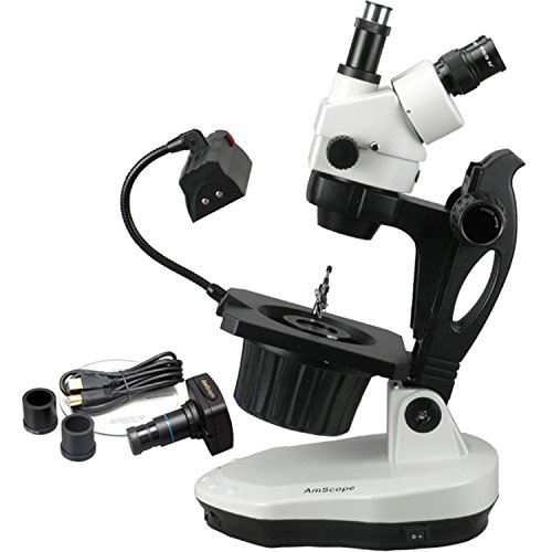 Image of AmScope GM400TZ-10M Digital Trinocular Gemology Stereo Zoom Microscope, WH10x Eyepieces, 3.5X-90X Magnification, 0.7X-4.5X Zoom Objective, Halogen and Fluorescent Lighting, Inclined Pillar Stand, 110V-120V, Includes 0.5X and 2.0X Barlow Lenses, 10MP Camera with Reduction Lens, and Software
