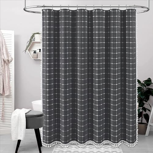 Image of BTTN Extra Long Shower Curtain - 72x96 Inch Long Boho Chic Linen Fabric Heavy Duty Shower Curtain Set with Hooks, Tall Bohemian Farmhouse Shabby Chic Shower Curtains for Bathroom - Charcoal Grey /Gray