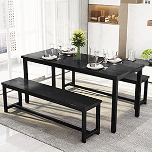Recaceik 47″ Dining Room Table Set with 2 Benches, Kitchen Dining Table Set for 4 Persons, Space Saving Kitchen Table and Chair Set for Dining Room, Small Space, Breakfast Nook(Black)