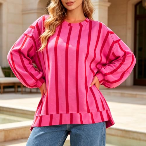 Aniywn Striped Sweatshirt Women Crewneck Dropped Shoulder Pullover Tops - image 2