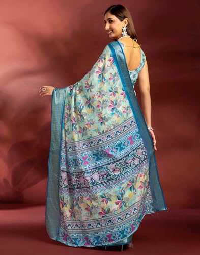 Image of SIRIL Women's Dola Silk Printed Jacquard Border Ready To Wear Saree with Unstitched Blouse Piece