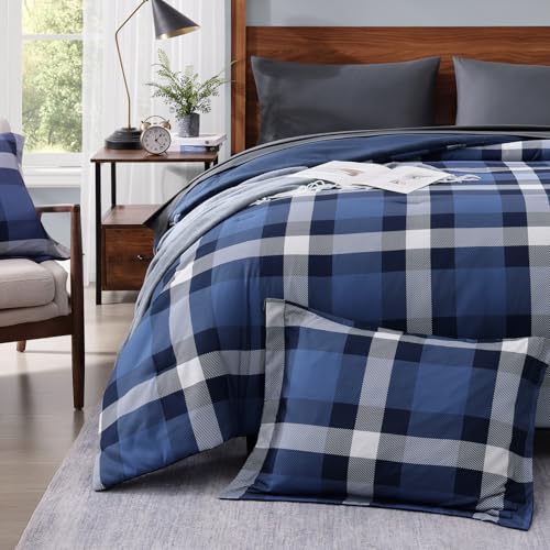 Image of MaiReve Queen Size Plaid Comforter Set Indigo Blue, Classic Checkered 7 Pieces Farmhouse Bedding Set, All Season Lightweight Bed in A Bag with Sheets, Pillowcases & Shams