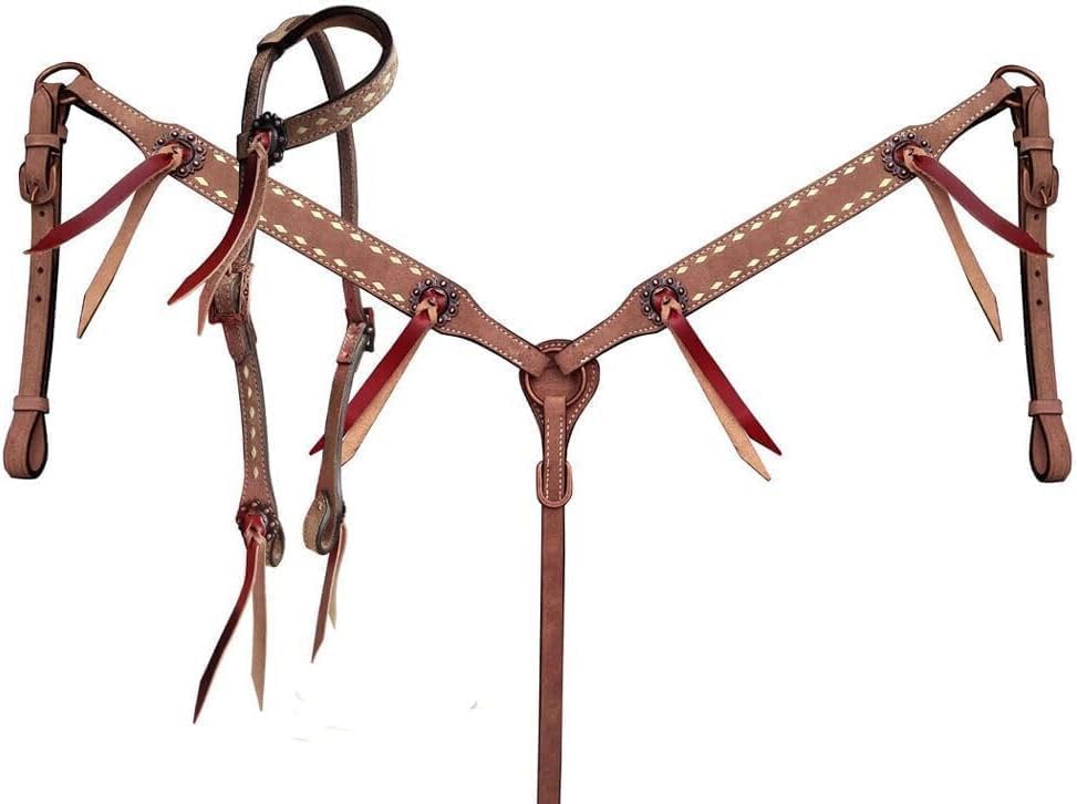 Western One Ear Leather Hand Tooled Headstall and Breast Collar Set with Reins. /Size-Full,Cob,Pony AO-921