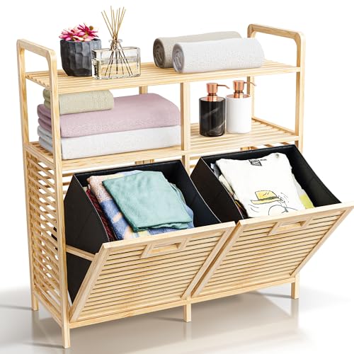 TidyHub Double Tilt Out Laundry Hamper with Shelf - Durable Bamboo Hamper with 2 Removable Laundry Liner Fabrics, Easy Grab Handle & Manual - Pull Out Laundry Hamper Cabinet for Clothes Towels Toys