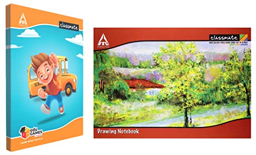 Image of Classmate Drawing Book - A4, Soft Cover - Pack of 12 & Classmate Notebook | 172 Pages | Four Lines with Gap | 24.0cm x 18.0cm | Pack of 4 | Practice Notebook for School Students