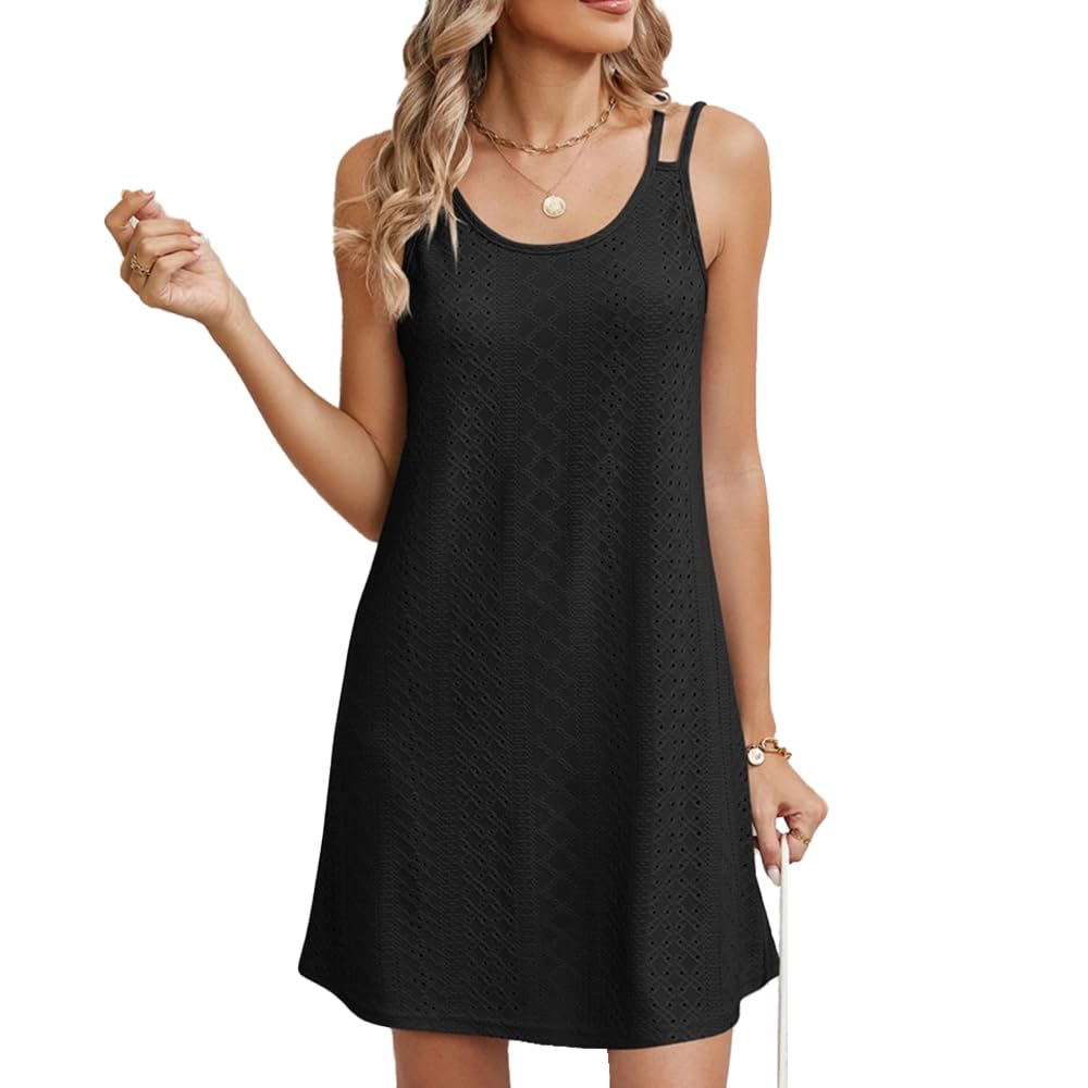 HSAJS Vestido con Tirantes Mujer Mid Largo Vestidos de Fiesta Mujer Elegantes de Cuello U Vestido Casual Holgado Vestido de Verano Sencillo de Color Liso para Mujeres