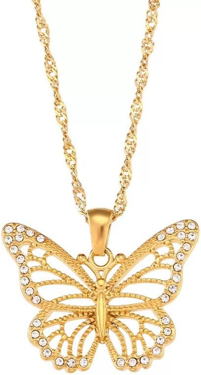 14K Gold Plated Dainty Pendant Necklace for Women, Gold Butterfly Necklace, Rhinestone Butterfly Pendant, Sparkly Women’s Neck Jewelry, titanium steel, Rhinestone