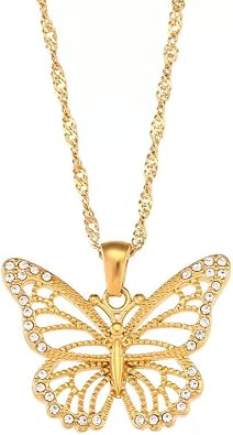 14K Gold Plated Dainty Pendant Necklace for Women, Gold Butterfly Necklace, Rhinestone Butterfly Pendant, Sparkly Womens Neck Jewelry