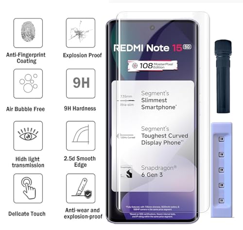 Image of FabekeeUV Advanced Tempered Glass Screen Protector Guard Compatible For Redmi Note 15 5G (6.77 Inch, Pack of 1) Full Adhesive UV Curved Case Friendly HD Clarity with easy installation kit