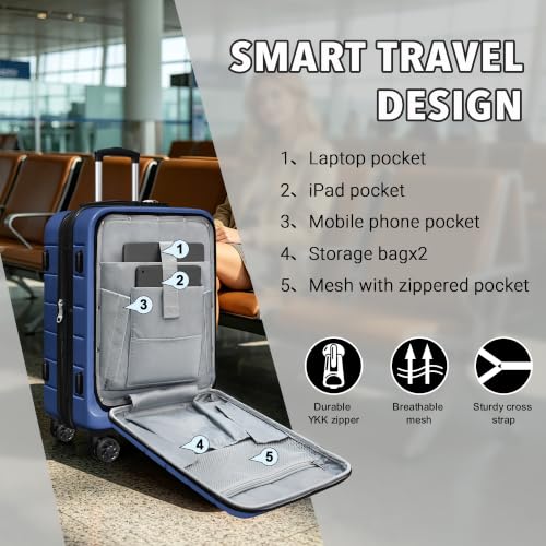 Image of KEYTANG SmileLine 3-Piece Luggage Set Lightweight Hardside Suitcase TSA Lock Spinner Wheels, 20 inch Expandable Carry-On Luggage with Quick Access Front Open Pocket, Bonus Makeup Bag,Navy Blue