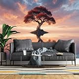 Custom Size Wall Mural, Serene Red Tree with Water Reflection & Pink Orange Sunset Sky On Rocky Island, Self-Adhesive Wall Fabric Removable Wallpaper for Home Office Decor