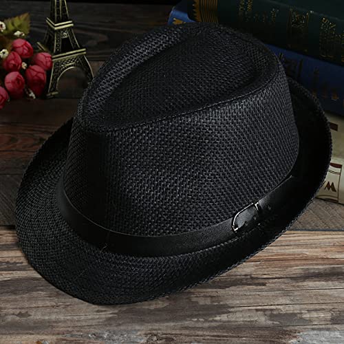 Image of SIQITECHNO Straw Fedora Sun Hat Straw Cowboy Hat for Women Men Classic Short Brim Fedora Trilby Roll Up Panama Jazz Beach Cap