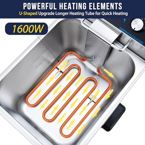 GarveeHome Electric Deep Fryer Stainless Steel with Basket, 8L/8.45QT Countertop Fryers, 1600W Single Tank Electric Fryer for Kitchen, Restaurant and Commercial Use, Temperature Adjustable 140-392℉