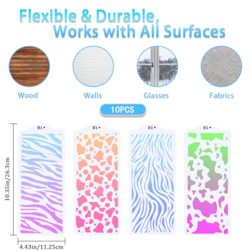 GORGECRAFT 10Pcs Art Texture Stencils Plastic Reusable Mixed Media Template Leopard Cow Print Abstract Layered Border Stencils for Crafts Painting on Wood Wall Furniture Cake Decorative 26.3x11.25cm - Image 2