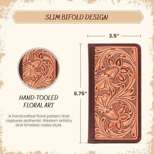 Image of Full-Grain Buffalo Leather Floral Tooled Long Bifold Wallet - Sleek RFID-Blocking Vertical Wallet - Men's Bifold Wallets w / 8 Slots, 2 Long Side Pockets, and Sleeve for Birthday, Christmas, and More
