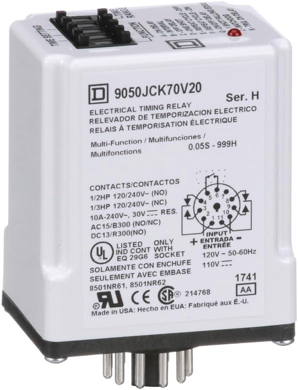 Schneider Electric Square D Timer Relay, Type JCK, Plug in, Multifunction, Programmable, 0.5 Second to 999 Hours, 10A, 240 VAC, 120 VAC/110 VDC