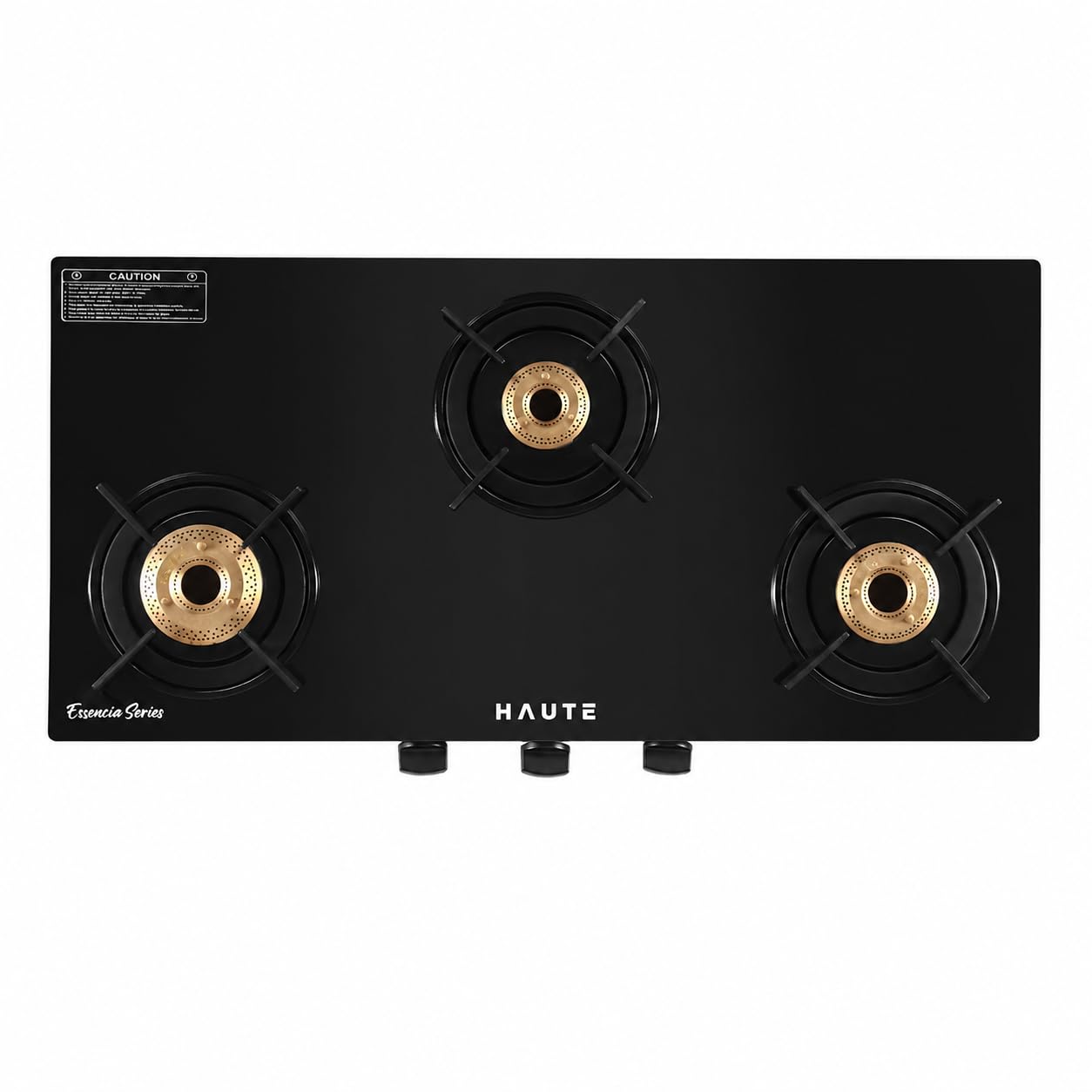 Haute Essencia Series All Black 3 Burner Gas Stove | Manual Ignition | 7mm Toughened Glass | ABS Unbreakable Knobs | Doorstep Service | 7-Year Glass & 2-Year Manufacturing Warranty