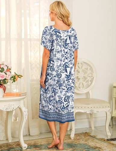 Image of Bloggerlove Mumu House Dress for Women with Pockets Short Sleeve Nightgowns | 15% Cotton, 80% Polyester, 5% Spandex, Floral Mumu House Dress, V-Neck, Short Sleeves, Midi Length, 2 Side Pockets, Lounging