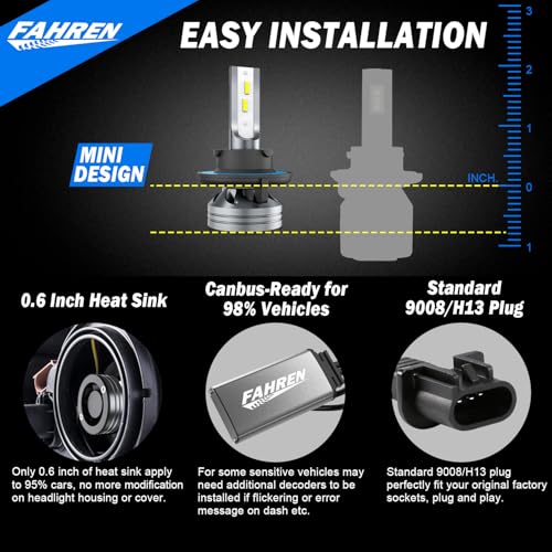 Image of FAHREN 2026 Upgraded H13 /9008 Light Bulbs, 50,000LM,13X Ultra-Bright, 6500K Pure White High /Low Beam, Plug-N-Play Easy Installation, 70000Hrs Lifespan, IP68 Waterproof, Pack of 2 Electronic Flashers