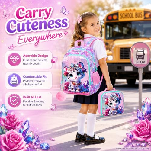 Image of 16 inch Girls Backpack, 16 inch Kids Bookbag with Lunch Box，Tiger School Backpacks for Elementary Preschool Kindergarten (Pink)