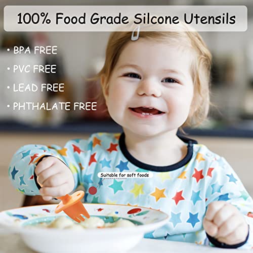 4 Pack Baby Utensils Self Feeding 6+ Months, Silicone Baby Spoons And Forks, Toddler Utensils For Baby Led Weaning, Chewable Utensils First Stage, Red, Orange #TOP1