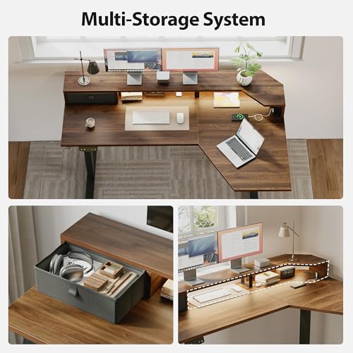 Image of Agilestic 63 Inch L Shaped Electric Standing Desk with Shelf, Height Adjustable Large Desk with Power Outlets & LED, Corner Sit Stand Up Table with Monitor Stand, Computer Workstation, Dark Walnut