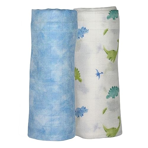 Image of Bamboo Viscose Muslin Baby Swaddle Receiving Blanket, 70% Viscose Made from Bamboo, 30% Cotton Muslin - Imported - Dinosaur