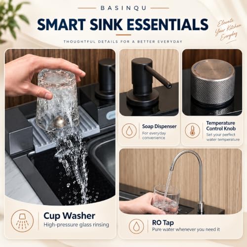 Image of BASINQU Piano Kitchen Sink 30x18x9 Inch Waterfall Kitchen Sink | 304 Grade Stainless Steel Kitchen Sink For Kitchen Basin with Integrated Waterfall & Pull Down Faucet Kitchen Sinks