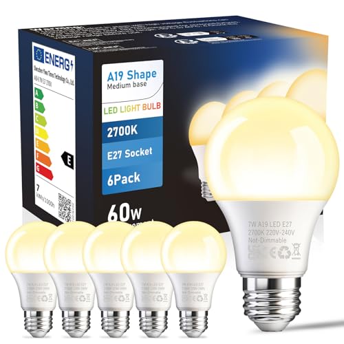 E27 LED Warmweiss Glühbirnen, 7W 806lm LED Lampe Ersetzt 60w Halogenlampe,Sparen Sie 90% Strom,Nichts Dimmbar,180° Abstrahlwinkel Energiesparlampe,2700 Kelvin Warmweiß, A19 LEDs Leuchtmittel, 6 Stück