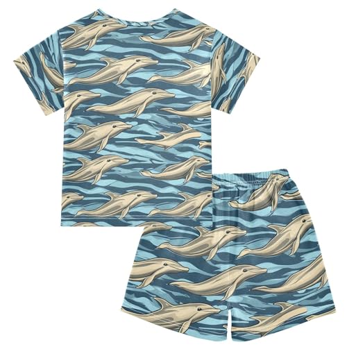 ALAZA Dolphin Ocean Wave Blue Pajamas Set Short Sleeve Cotton Sleepwear Summer Pjs 2 Piece 5-14Y2