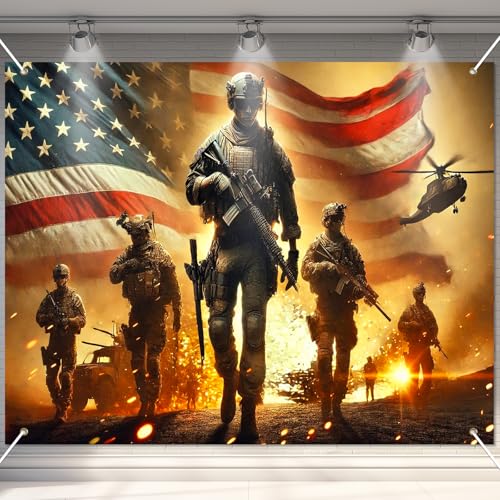 Image of BlissYard 4th of July Backdrop Thank You Veterans Banner 8x6ft Patriotic Soldier American Flag Decorations for Memorial Day Veterans Day Independence Day Party