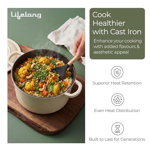 Image of Lifelong Enamel Cast Iron Dutch Oven with Lid (5.6L, 28cm) | Oven, Gas & Induction Compatible | Slow Cooking, Even Heat Distribution, Nontoxic, Durable, Naturally Nonstick, No Stains & Scratch (Ivory)