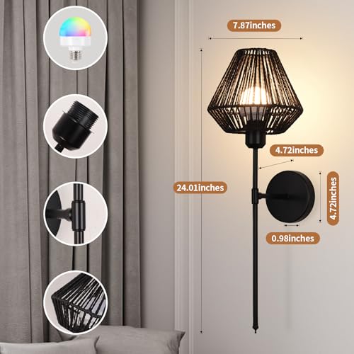 Image of Battery Operated Wall Sconces Set of 2,Rattan Rechargeable Wall Light Dimmable with Remote Control,15 Color Changing and Timer,Boho Wireless Black Wall Lamps for Bedroom,Living Room