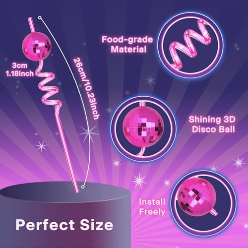 HBBWWTT Pink Disco Ball Reusable Swirly Straw 12 pcs, Disco Bachelorette Decorations,Groovy Birthday Party Supplies, 70s 80s, Best for Your Party (pink)