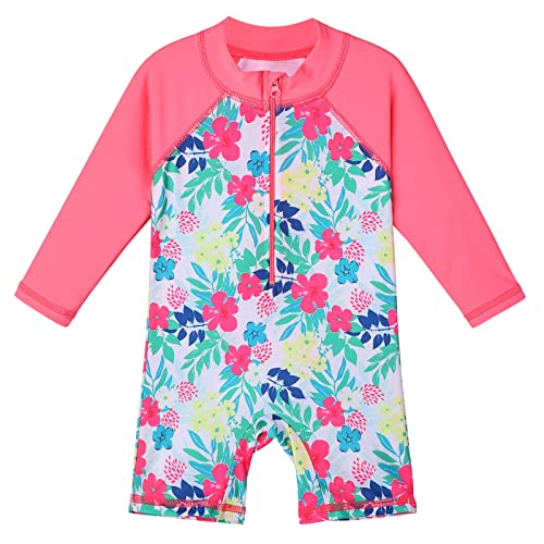 XFGIRLS Boxer 1 pièce Anti-UV Maillot de bain à manches longues et courtes pour fille de 1 mois à 11 ans, Fleurs roses, 3-4 Years Cover